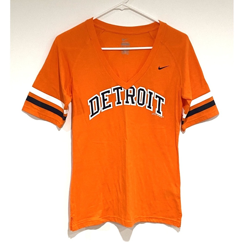 Nike Detroit Tigers T-Shirt Women's Size Medium Orange W/Striped Sleeves V Neck